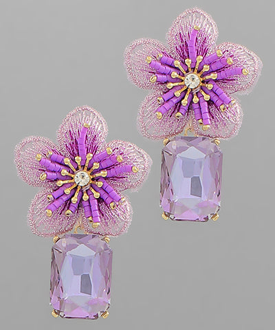 Purple Fabric Flower & Jewel Drop Earrings