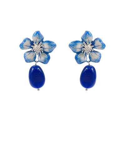 Blue Flower & Stone Drop Earrings