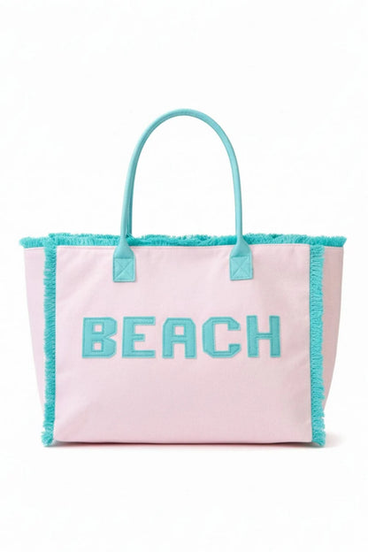 Pink & Teal Terry Cloth & Fringe BEACH Bag
