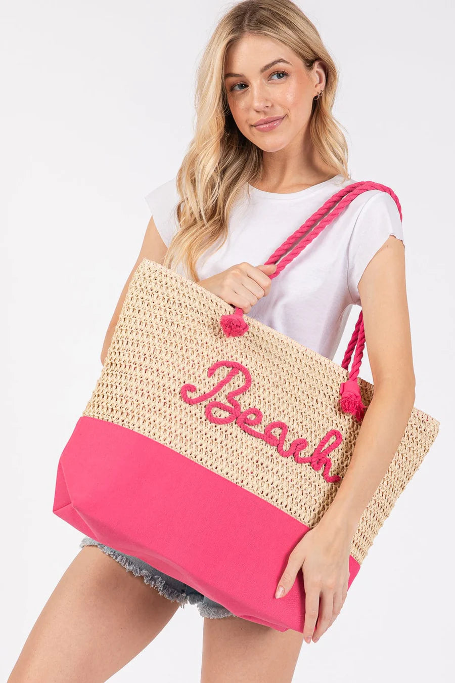 Hot Pink BEACH Straw Tote Bag
