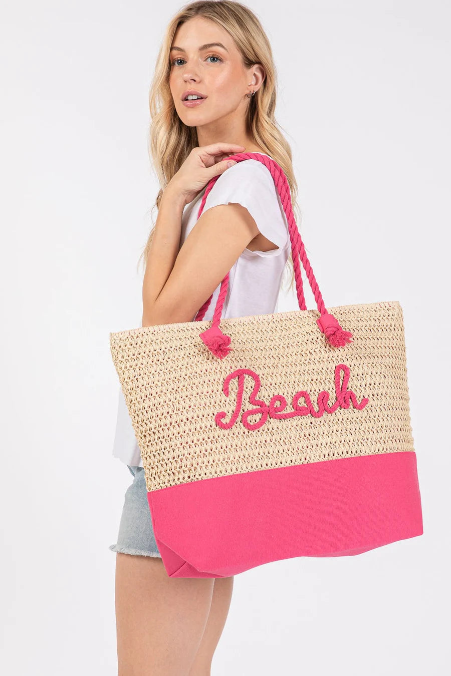 Hot Pink BEACH Straw Tote Bag