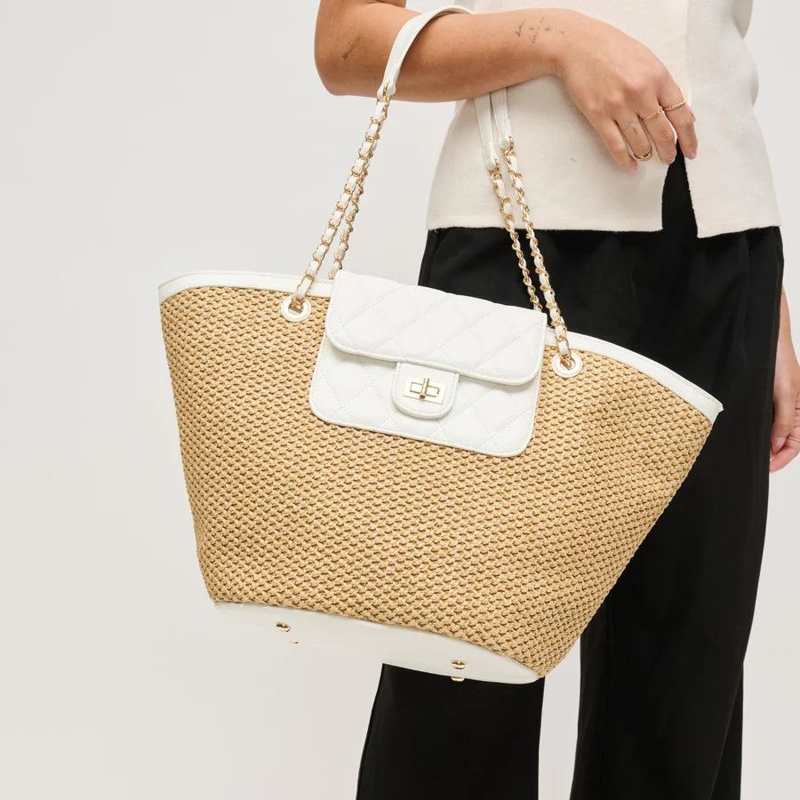 Natural & White Straw Tote Bag