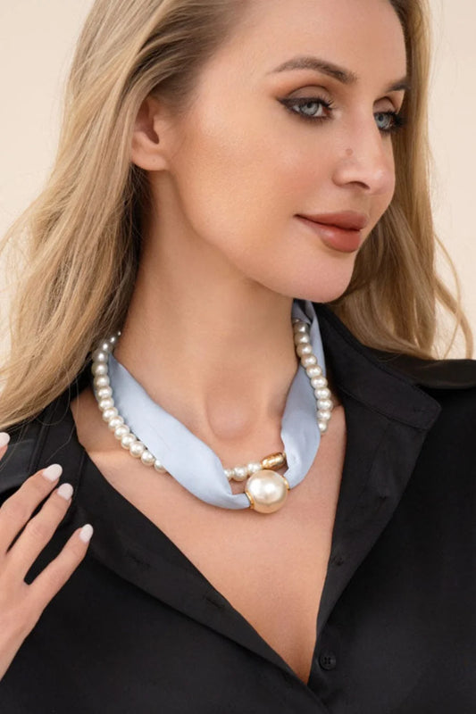 Pearl & Blue Silk Scarf Necklace Set