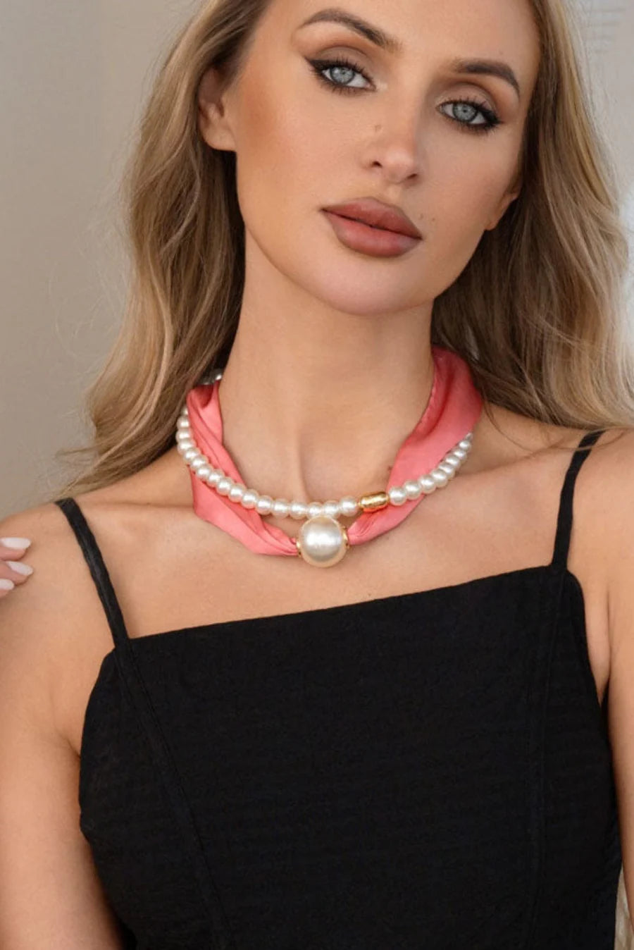 Pearl & Coral Silk Scarf Necklace Set