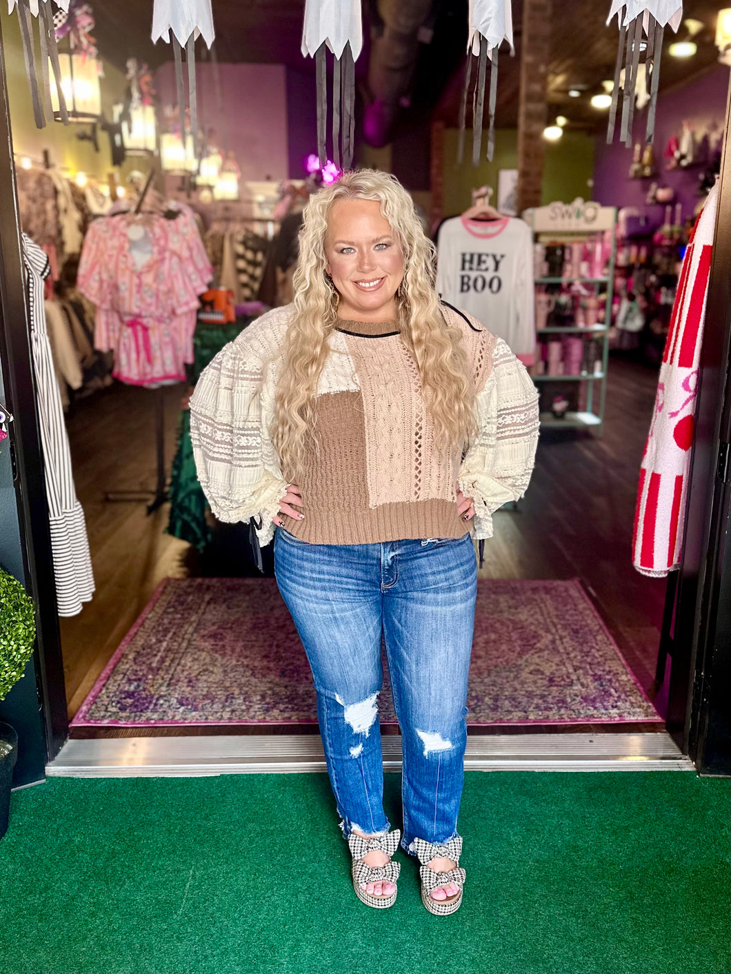 Ivory & Brown Lace Cable Knit Cropped Sweater