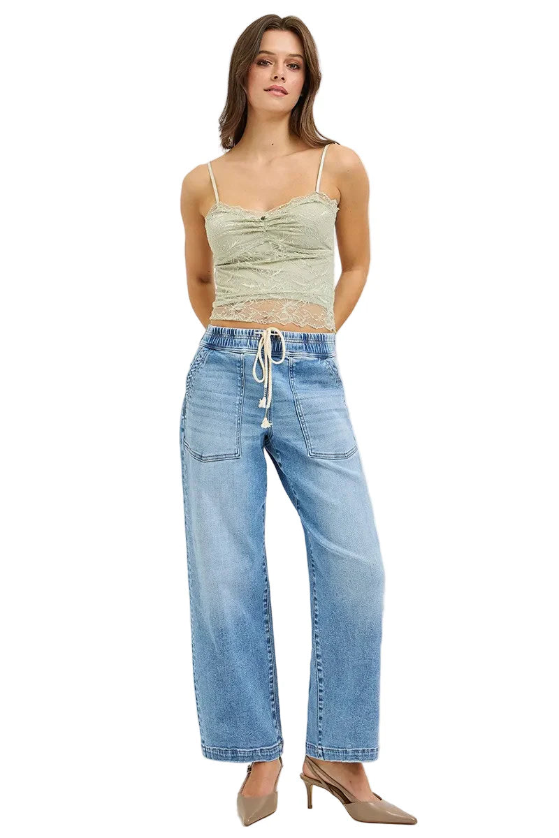 Risen Elastic Band Cropped Baggy Jeans
