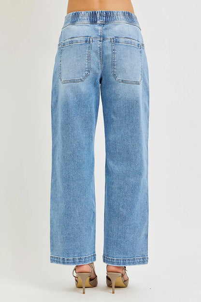 Risen Elastic Band Cropped Baggy Jeans
