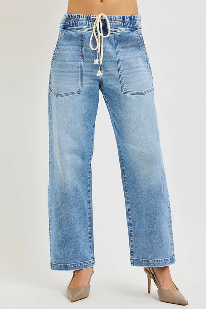 Risen Elastic Band Cropped Baggy Jeans