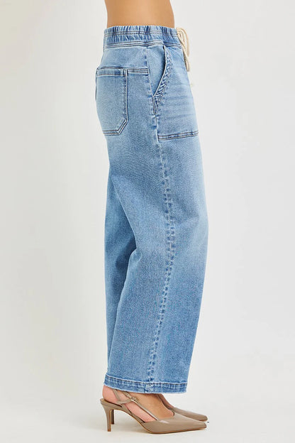 Risen Elastic Band Cropped Baggy Jeans
