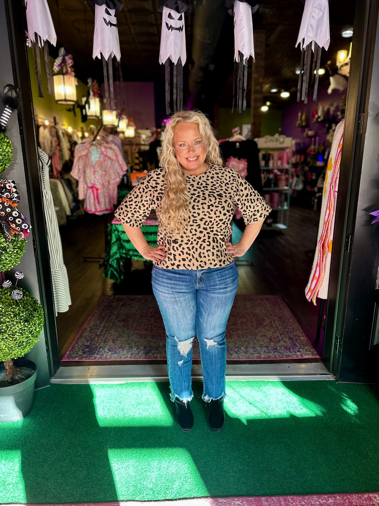 Leopard Half Sleeve Textured Knit Top