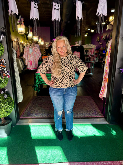 Leopard Half Sleeve Textured Knit Top