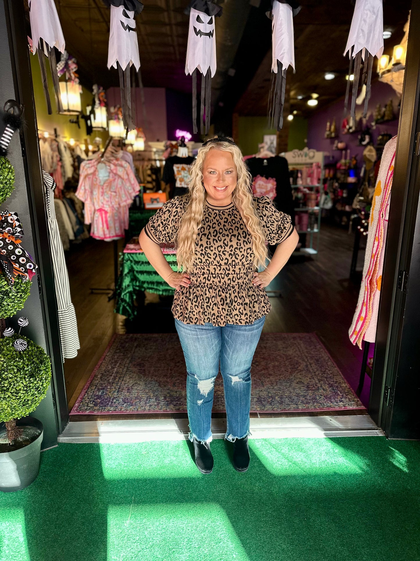 Puff Sleeve Leopard Print Peplum Top