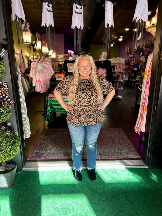 Puff Sleeve Leopard Print Peplum Top