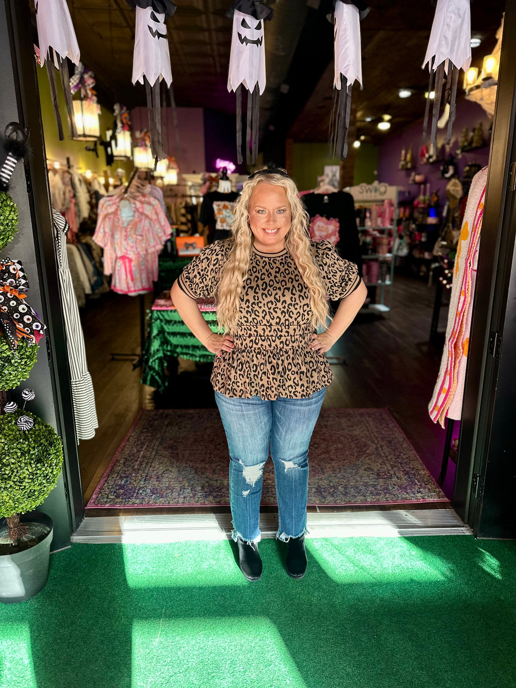 Puff Sleeve Leopard Print Peplum Top