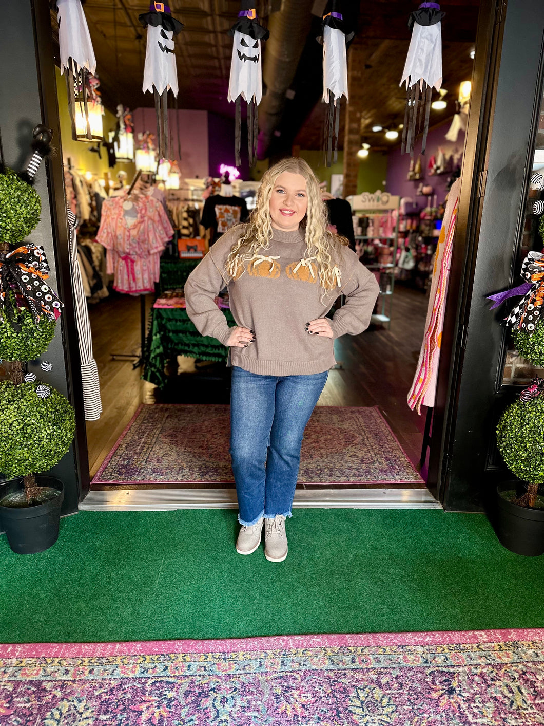 Pumpkin & Lace Bow Sweater