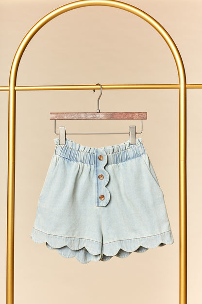 Light Wash Denim Scallop Hem Shorts