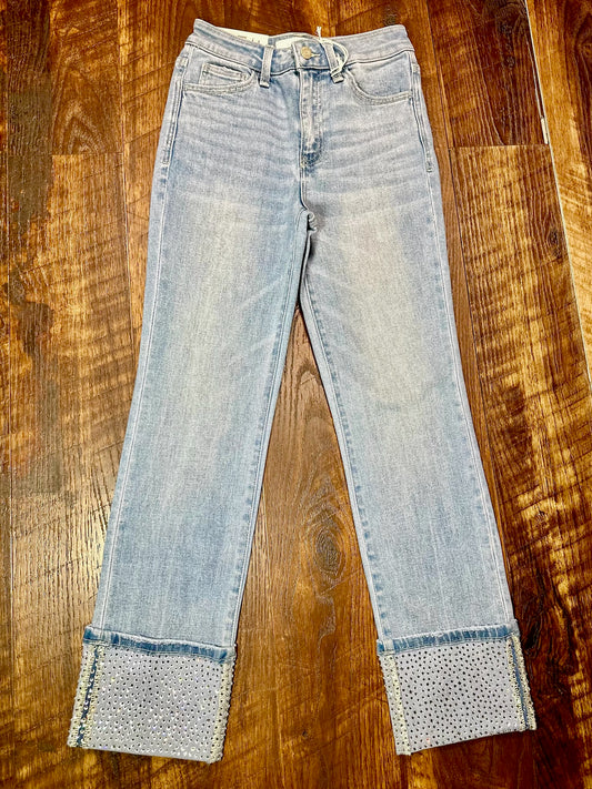 Lovervet High Rise Crop Slim Straight w/ Rhinestone Cuffs