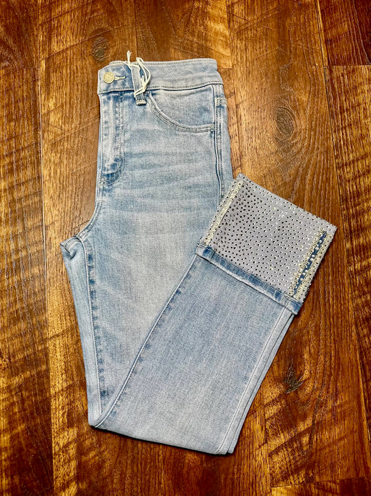 Lovervet High Rise Crop Slim Straight w/ Rhinestone Cuffs