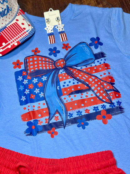 Floral Patriotic Bow & Flag T-Shirt