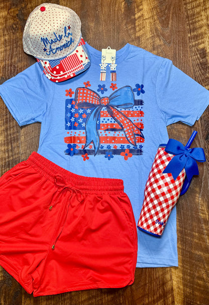 Floral Patriotic Bow & Flag T-Shirt