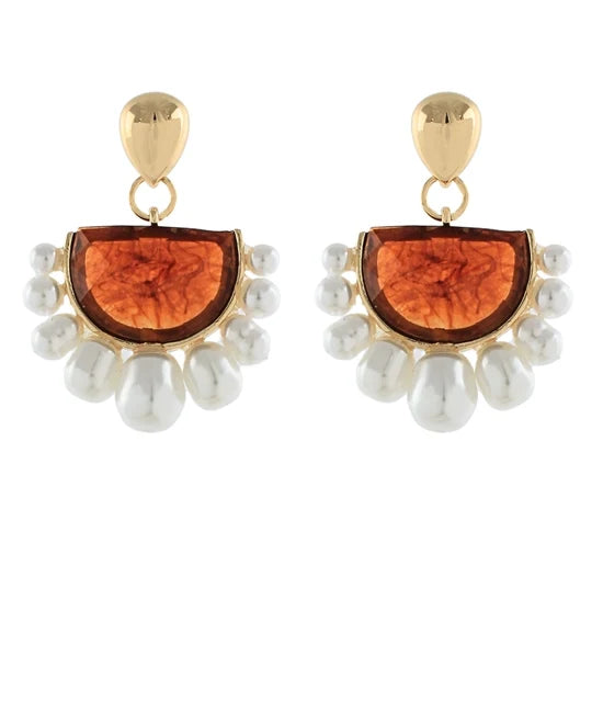 Pearl Trim Amber Stone Earrings