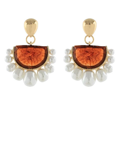 Pearl Trim Amber Stone Earrings