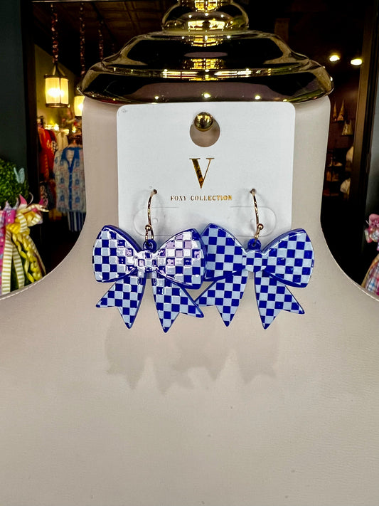 Blue/White Checkered Bow Earrings