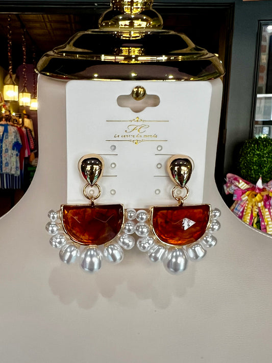 Pearl Trim Amber Stone Earrings