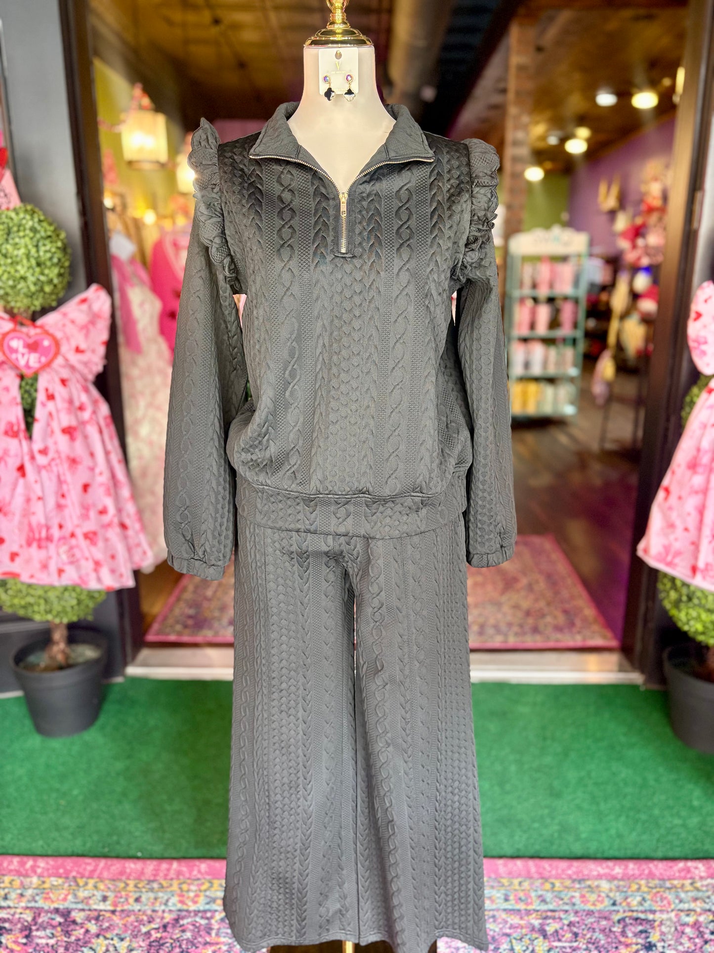 Black Cable Knit Textured Pullover & Pants Set