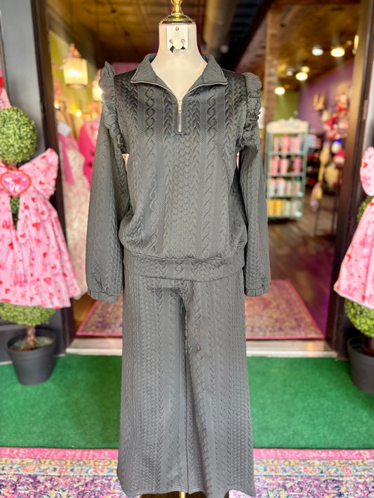 Black Cable Knit Textured Pullover & Pants Set