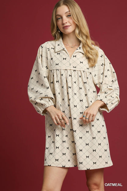 Oatmeal Corduroy Bow Print Babydoll Dress