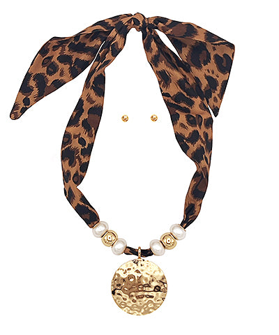 Leopard & Gold Pendant Scarf Necklace
