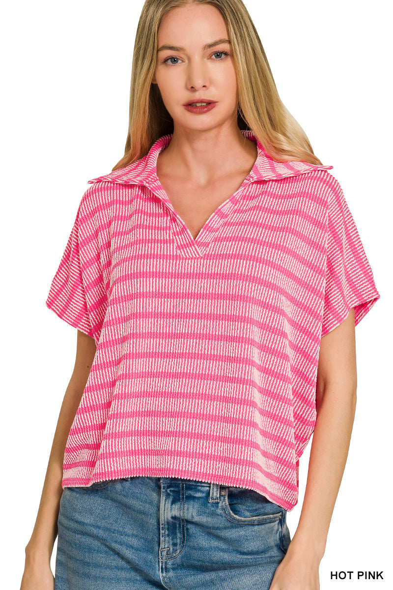 Hot Pink Striped Collared Ribbed Top