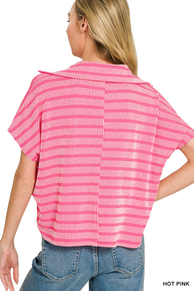 Hot Pink Striped Collared Ribbed Top