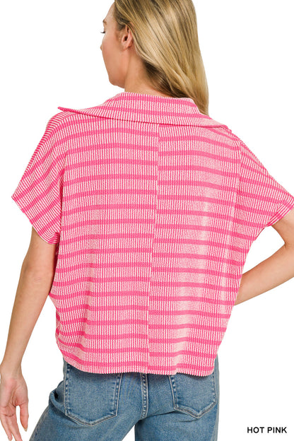 Hot Pink Striped Collared Ribbed Top
