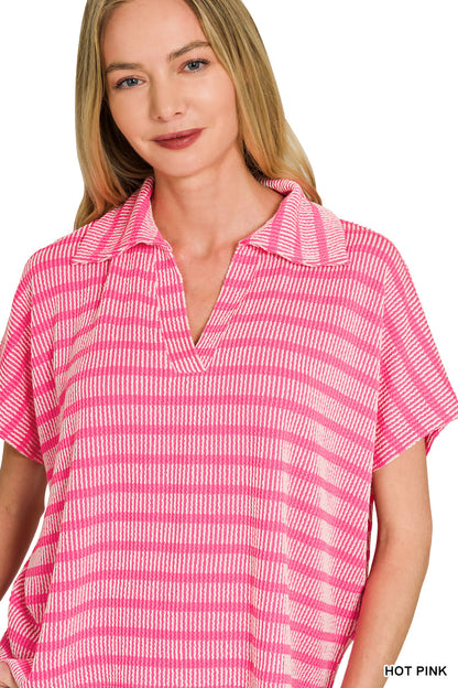 Hot Pink Striped Collared Ribbed Top