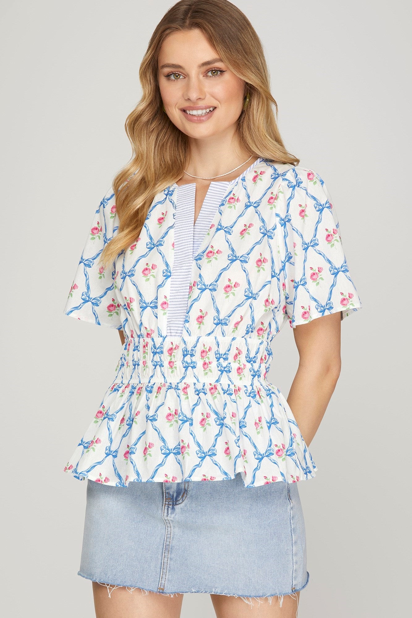 Short Sleeve Woven Floral & Bow Print Blouse