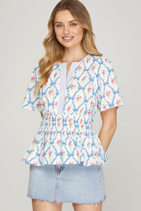 Short Sleeve Woven Floral & Bow Print Blouse