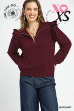 Load image into Gallery viewer, Burgundy Luxeknit Ruffle Shoulder Quarter-Zip Pullover
