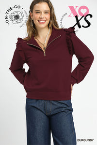 Burgundy Luxeknit Ruffle Shoulder Quarter-Zip Pullover