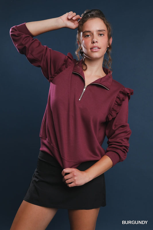 Burgundy Luxeknit Ruffle Shoulder Quarter-Zip Pullover