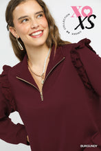 Load image into Gallery viewer, Burgundy Luxeknit Ruffle Shoulder Quarter-Zip Pullover
