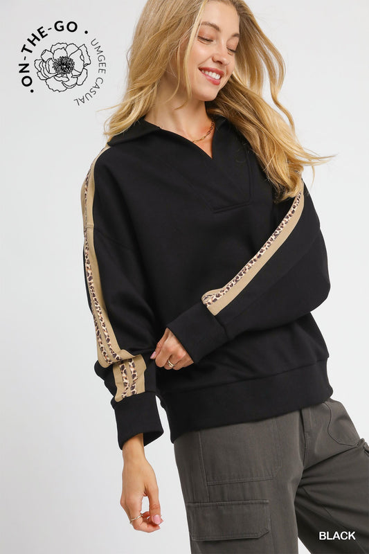 Black Luxeknit  Pullover w/ Leopard Trim