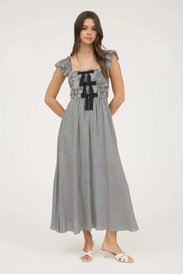 Black Plaid Bow Detail Midi Dress
