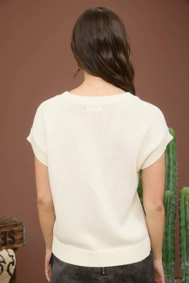 Cream Short Sleeve Boot Print Knit Sweater