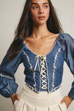 Load image into Gallery viewer, Denim Blue Lace-Up Embroidered Puff Sleeve Top
