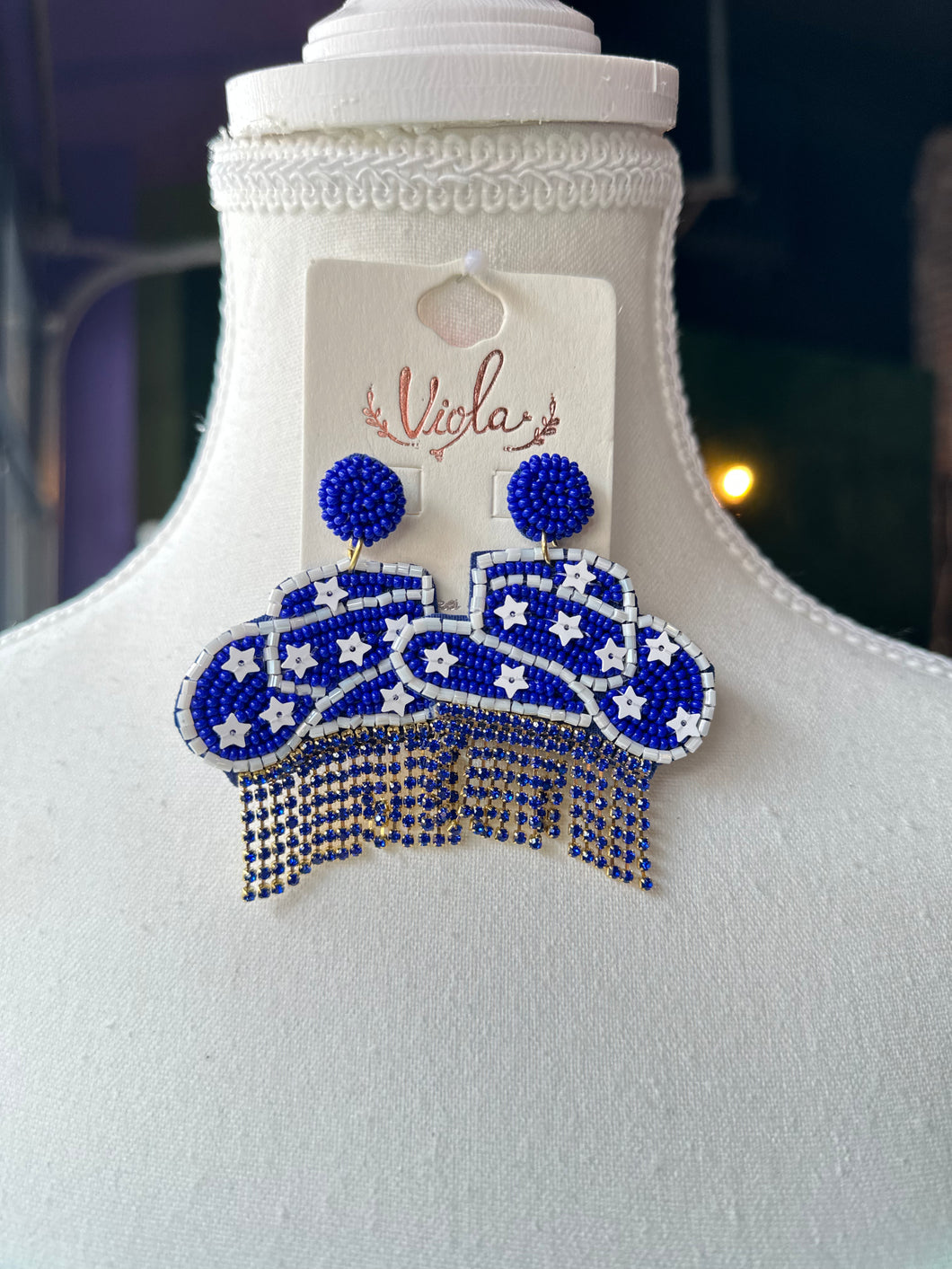 Blue Cowgirl Hat earrings w/ tassels