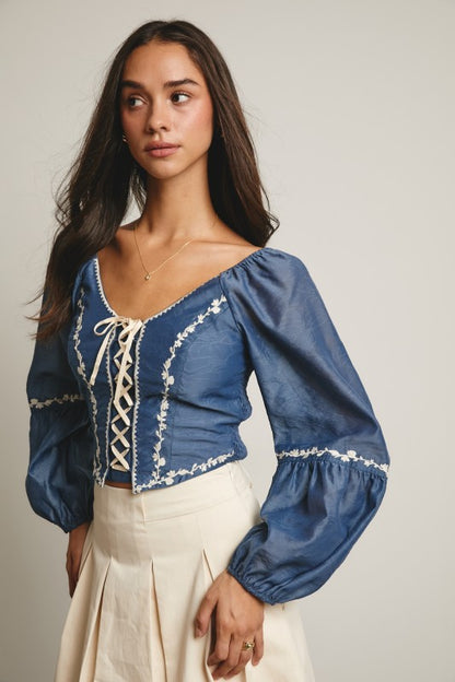 Denim Blue Lace-Up Embroidered Puff Sleeve Top