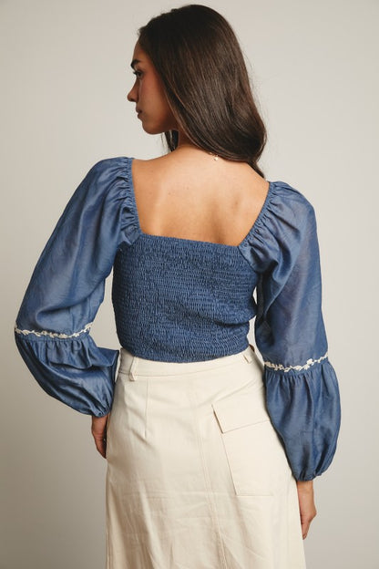 Denim Blue Lace-Up Embroidered Puff Sleeve Top