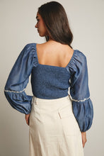 Load image into Gallery viewer, Denim Blue Lace-Up Embroidered Puff Sleeve Top
